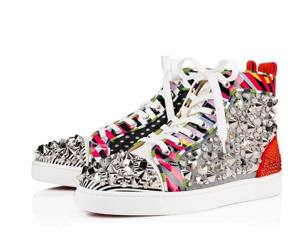 

italy handmade sneaker men's spiked red bottom shoes no limixx flat shoe women,men retro sneakers striped patent leather rhinestone str, Black