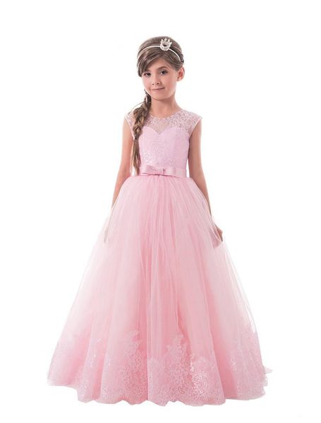 Abiti da ragazza a fiore rosa Abiti da cerimonia per bambini Matrimoni Abito da ballo Spalline in tulle Abiti lunghi da prima comunione in pizzo Bambina