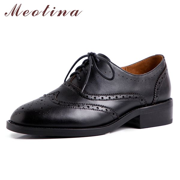 

meotina high heels women pumps natural genuine leather chunky heel brogue shoes real leather round toe shoes ladies new size 39, Black