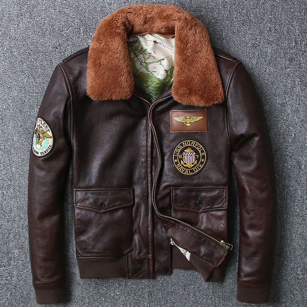 

2020 us air force flight jacket men fur collar genuine leather jacket men brown cow skin bomber jacket for male leather coat men, Black