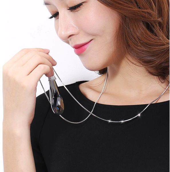 

winter women long necklaces & pendants fashion silver color crystal waterdrop necklace choker collier sweater chain jewelry