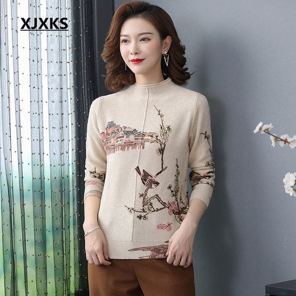 

xjxks fashion diamond women printed sweater 2020 spring new 100% pure wool knitted turtleneck sweater women pullover, White;black