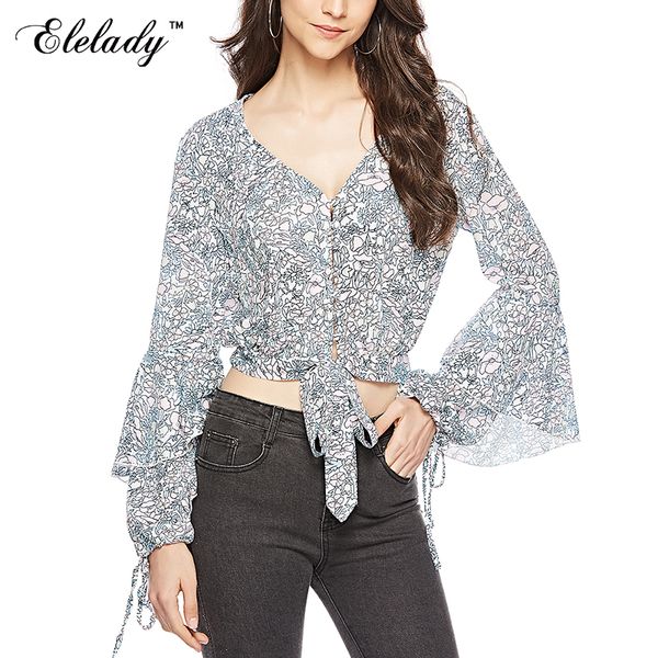 

elelady серый с цветочным принтом летняя рубашка 2019 v-образным вырезом sexy flare рукавом мода зашнуровать короткие топы повседневная одеж, White