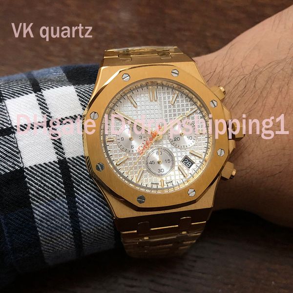 

лучшие дизайнерские роскошные мужские часы золотой корпус из нержавеющей стали белый циферблат высокое качество vk хронограф кварцевый механ, Slivery;brown