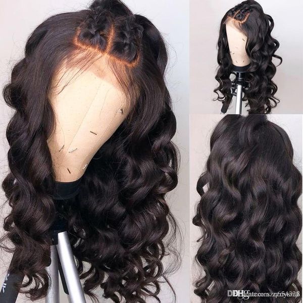 

парик фронта сыпучие волны фронта шнурка человеческих волос парики natural color перуанский remy шнурка волос 150% плотность отбеленные узлы, Black