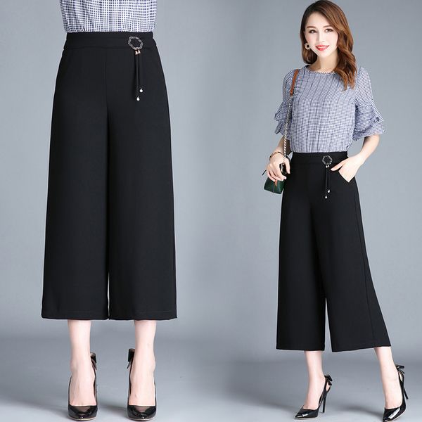 

2020 summer high-waisted loose pants casual capri pants no ironing versatile loose wide leg trousers, Black;white