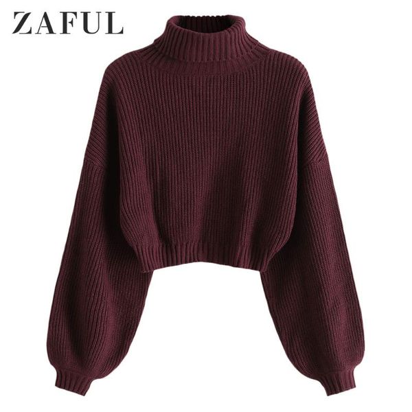 

zaful turtleneck long lantern sleeve cropped sweater roll neck drop shoulder solid jumper short elastic women pullovers sweater, White;black