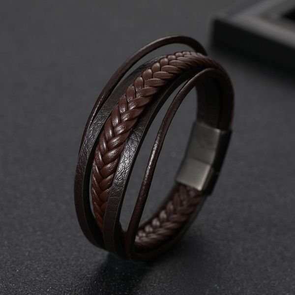 

fashion men leather bracelet multilayer magnetic-clasp handmade braided wrap bracelets & bangles male accessories jewelry gifts, Golden;silver