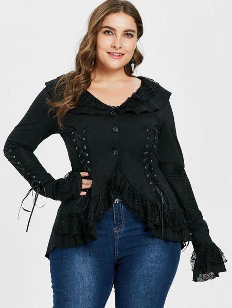 

black ruffle dip hem coat halloween lace detail button up ruffle dip hem coat turn down collar outwear jacket coat, Black;brown