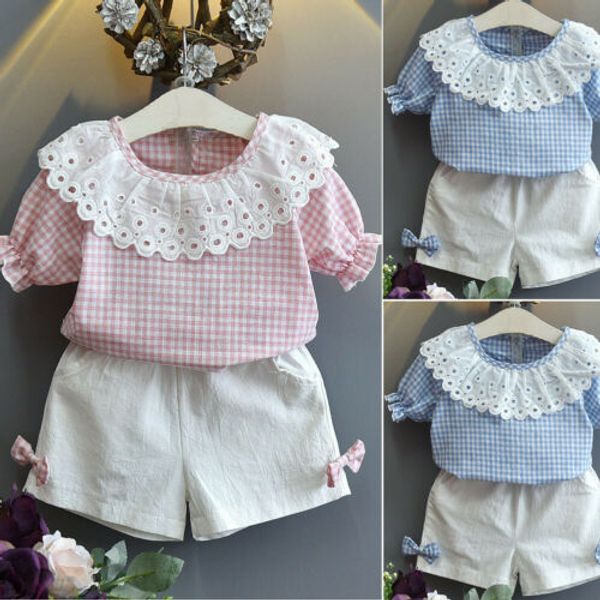 

toddler kids baby bibs girl cotton ruffle short sleeve lovely lace solid bowknot pants sets with rounded edges sunsuit suit, White