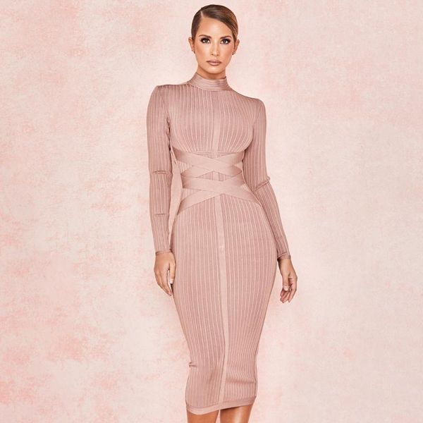 

long sleeve cross strap ribbed nude christmas 2019 women's new fashion bodycon pattern winter knee-length bandage dress, Black;gray