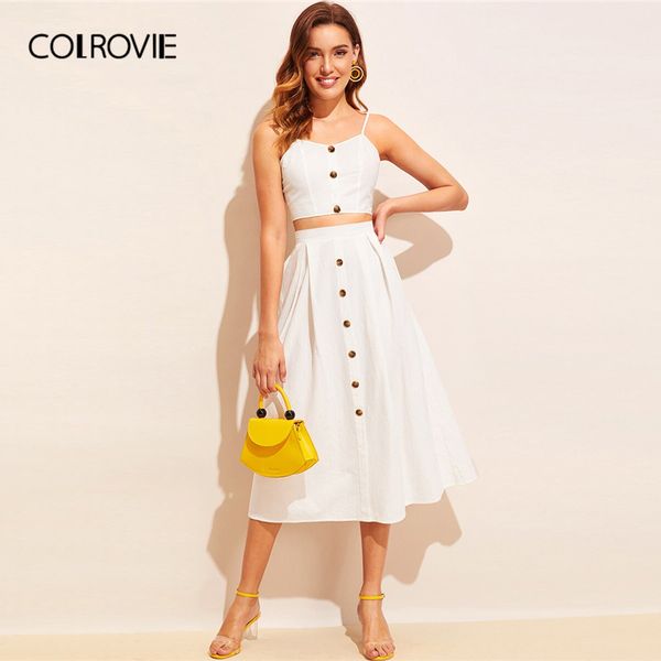

colrovie white knot back crop cami with button front skirt 2 piece set women 2019 spring summer boho two piece set outfits