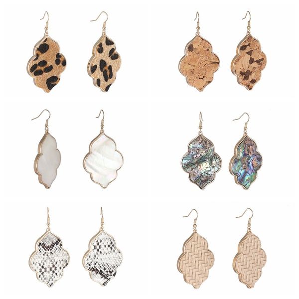 

Abalone shell Leopard Curved Hexagon Drop Earrings snakeskin leather wood grain Tassels Long Chain Dangle Earings Brand Jewelry