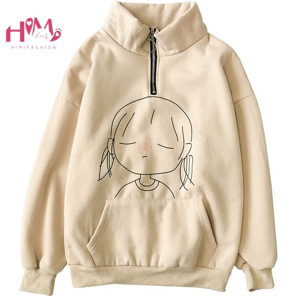 

women kpop ulzzang casual clothes winter harajuku zipper high collar street hoodies lovely anime graphic pullover sweatshirt, Black