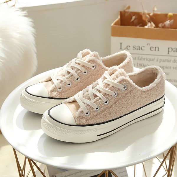 

female winter plus velvet canvas shoes student korean version of the wild warm pink black flat casual shoes Â