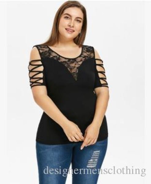 

женщины лето tshirts с коротким рукавом sexy кружева scoop шеи конструктора выдалбливают роскошные женщина pluse размер одежды, White