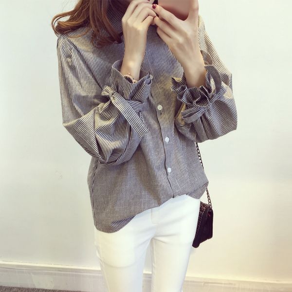 

spring clothing new style women's dress stripes bow shirt women's long-sleeve korean-style large size lantern sleeve shirt, White