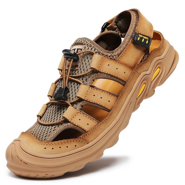 

классическая летняя мужская сандалии качества натуральная кожа mesh дышащий мужчины открытый пляжная обувь soft удобный походные ботинки, Black