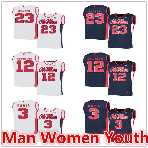 

customize ncaa ole miss rebels basketball jerseys sammy hunter 23 shon robinson 12 terence davis 3 jersey any number name size s-5xl, Black