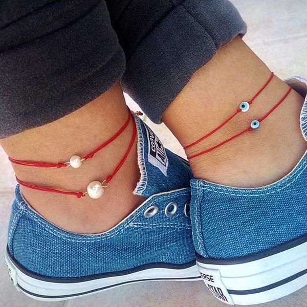 

boho 2 layers anklet sea shell colorful glass bead sand beads ankle jewelry crystal starfish shell pendant footchain accessories, Red;blue