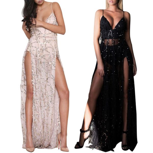

clubwear party fashion ladies temperament strap long dress vestidos women's sequins v-neck backless mopp dress, Black;pink