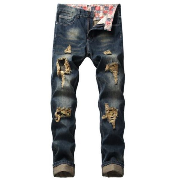 

high-elastic mens jeans broken hole slim cotton nostalgic patch locomotive riding jeans street designer fashion jeans, Blue
