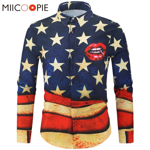 

mens shirts casual slim fit long sleeve star striped lips printed camisa social hawaiian shirt men fashions hip hop streetwear, White;black