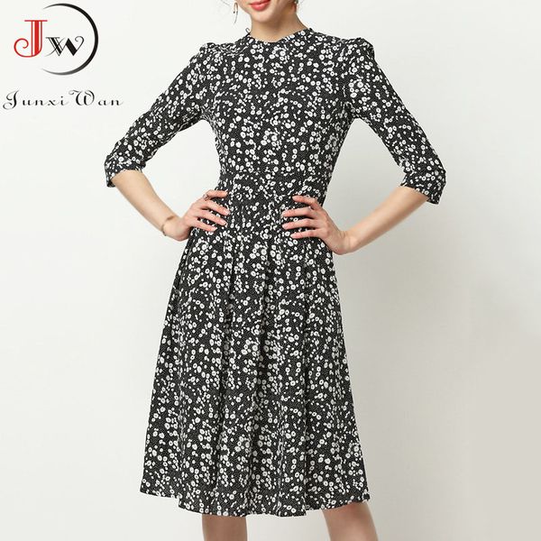 

women floral print spring summer elegant vintage a line midi dresses o-neck 3/4 sleeve chic party dress plus size robe femme, Black;gray