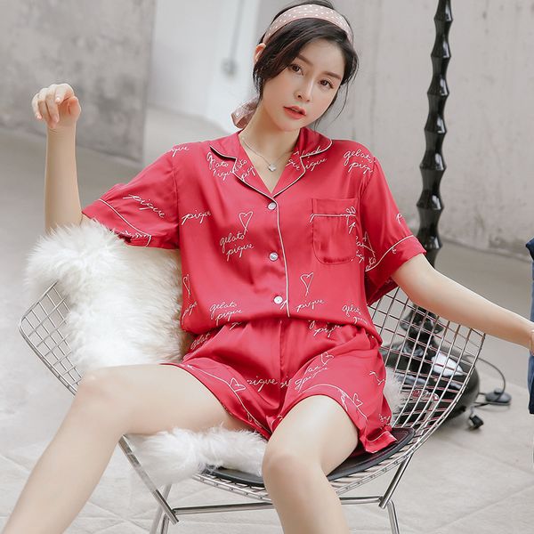 

houzhou silk pajamas for women turndown collar sleepwear women print 2 pieces pajama set short sleeve pyjamas home clothes, Black;red