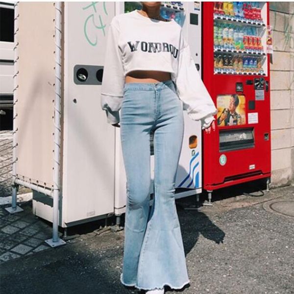 

women's jeans solid color slim fit high-waisted pants women's pants, Blue