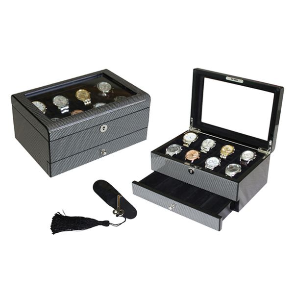 

sonny 8 slots carbon fiber watch display case storage box new design black men's watch large holder organizer with drawer, Black;blue