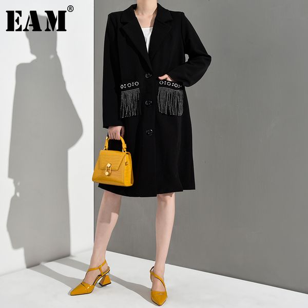 

eam] 2019 new autumn winter lapel long sleeve black loose tassels pocket split joint loose jacket women coat fashion jr1280, Black;brown