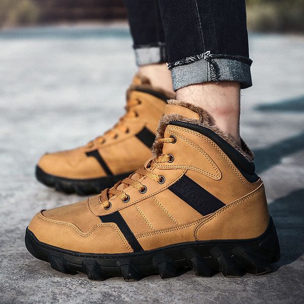 

classic winter men snow boots thick plush warm male ankle boots waterproof non-slip outdoor warm fur hiking tooling boots, Black