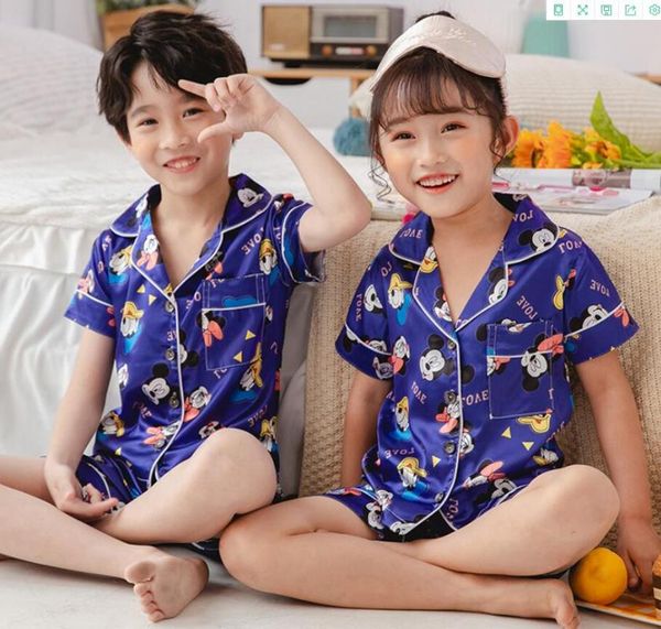 

new boys pajamas 2020 summer short sleeve children's clothing sleepwear nightwear suit girls pyjamas sets for kids tracksuit, Blue;red