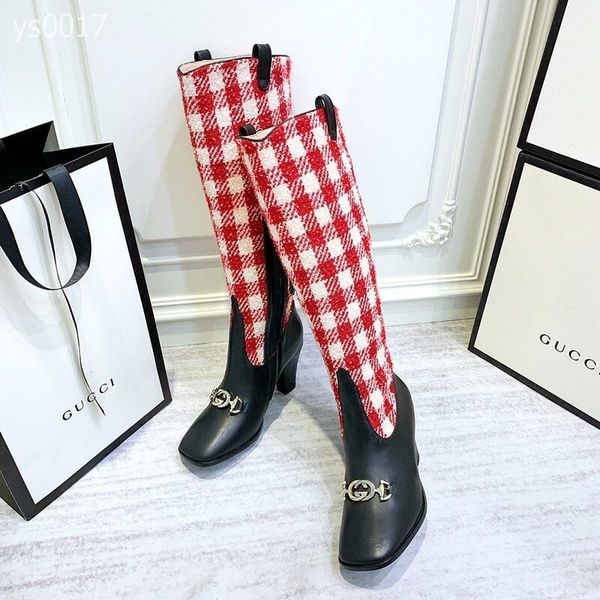 

2020 autumn and winter europe and america show models knee-high fashion boots high-heeled square head color matching leather knight boots, Black
