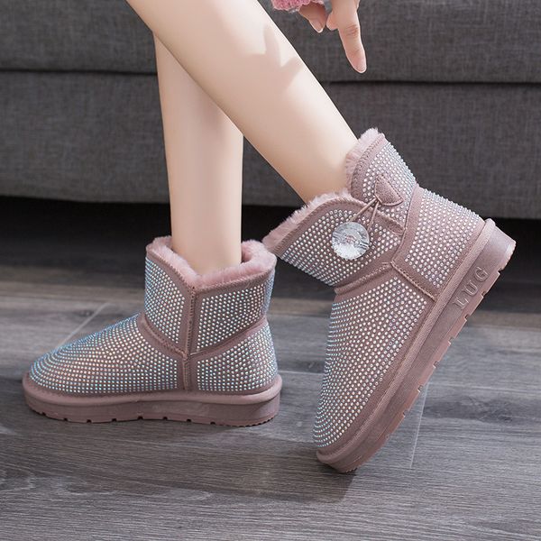 

new rhinestone buttons ankle boots women flat keep warm snow boots shoes woman short plush winter shoes 2020 botas mujer, Black