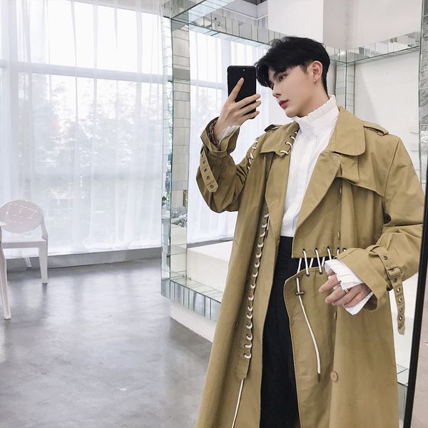 

luxury fashion trench coat mens patchwork unique drawstring long windbreaker male stitching casual loose outwear clothes, Tan;black