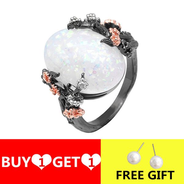 

vintage big oval opal stone flower rings for women black gold color engagement wedding ring jewelry bague anel accessories mujer, Slivery;golden