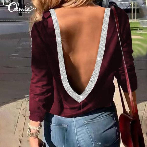

stylish celmia women v-neck backless blouse long sleeve elegant sequins shirts casual loose party blsuas femininas 5xl, White