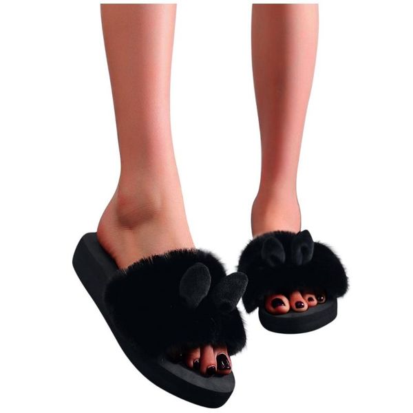 

fashion indoor ear women's slippers warm winter slippers shoes women's home non-slip casual furry slippers#g2, Black