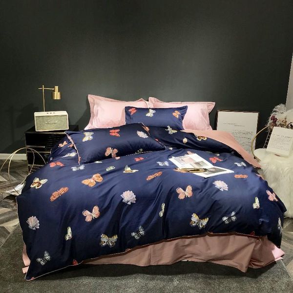 

j3 хлопок постельное белье наборы бабочки большая кровать king size пододеяльник подогнанную простыней подшивки parure де освещено