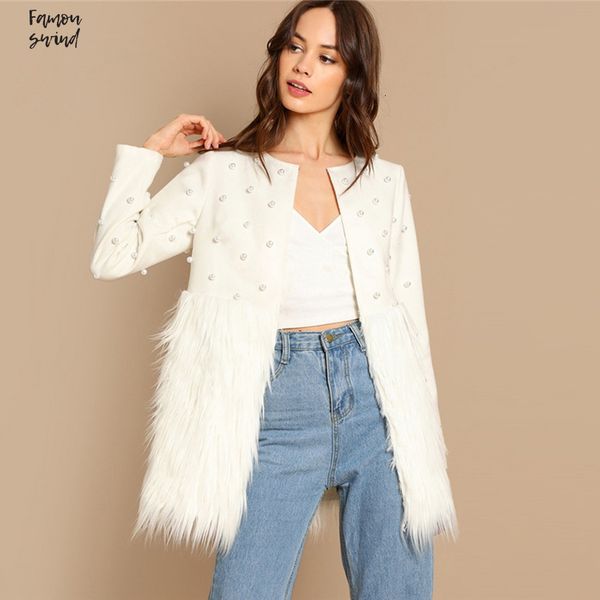 

белые женщины украшенный пальто куртки осень pearl открытый стежка элегантные дамы верхняя одежда женская мода лоскутная искусственного меха, Black;brown