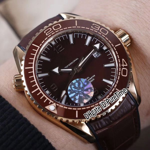 

new planet ocean 600m co-axial 215.63.40.20.13.001 rose gold brown ceramics bezel brown dial miyota 8215 automatic mesn watch puretime e04d4, Slivery;brown