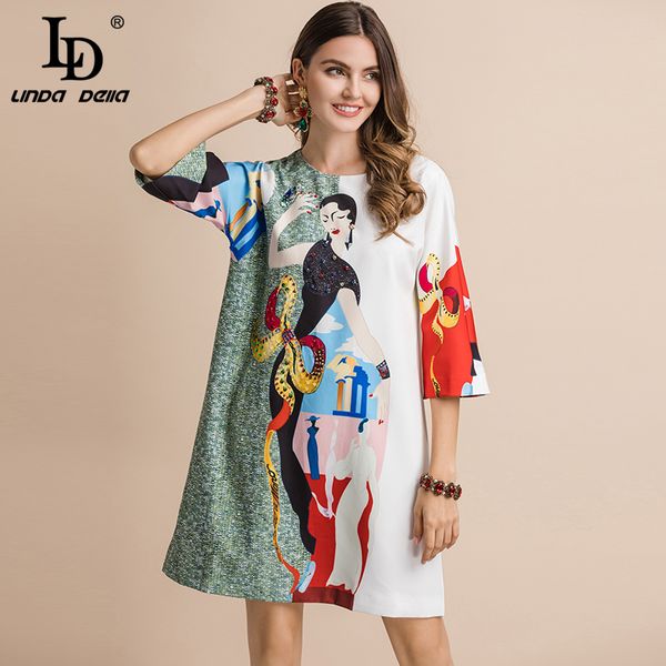 

ld linda della 2019 fashion runway summer casual dress women's 4/3 sleeve sequined beading character printed loose mini dresses, Black;gray