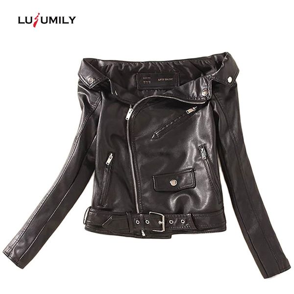 

lusumily off shoulder moto biker shor jacket lady slim pu faux leather jackets women jaqueta couro rock cuir femme casaco, Black