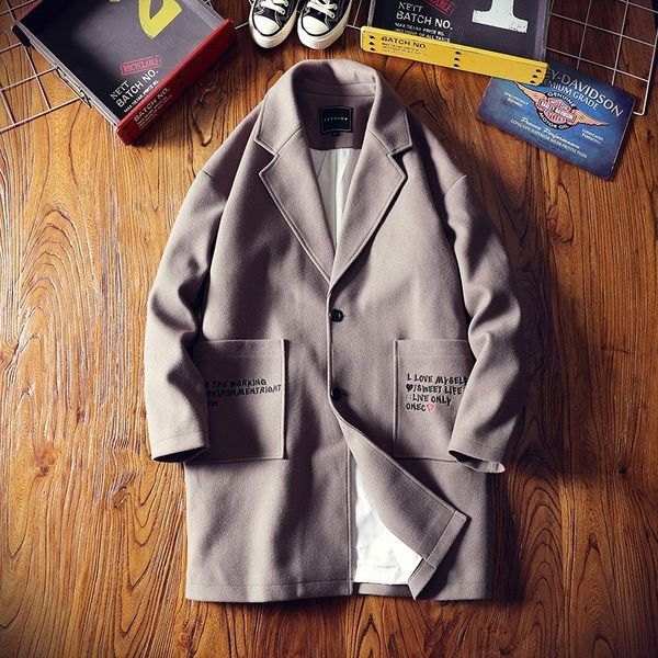 

fashion mens loose fit wool blends coat letters embroidery casual outwear coat plus size m-5xl pockets preppy style jacket khaki, Black