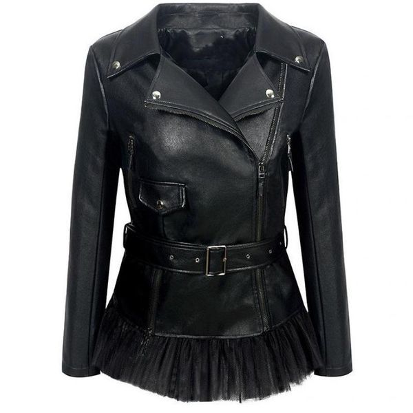 

women's leather & faux 2021 fashion lapel zipper jacket hem stitching mesh dress pu woman, Black