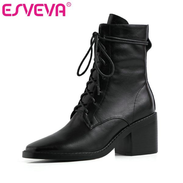 

esveva 2020 women shoes winter ankle boots round toe genuine leather lace up high heel motorcycle platform boot size 34-39, Black