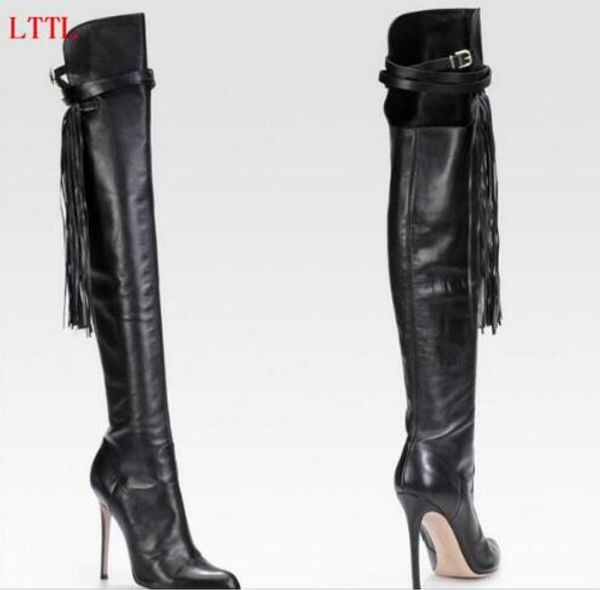 

fashion women thigh high boots alligator women fringe boots pointed toe thin high heels tassel shoes for women, Black