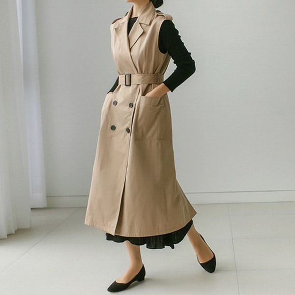 

sleeveless trench coat vest women chaleco mujer bf style long vest jacket double-breasted women cardigan waistcoat c5591, Black;white
